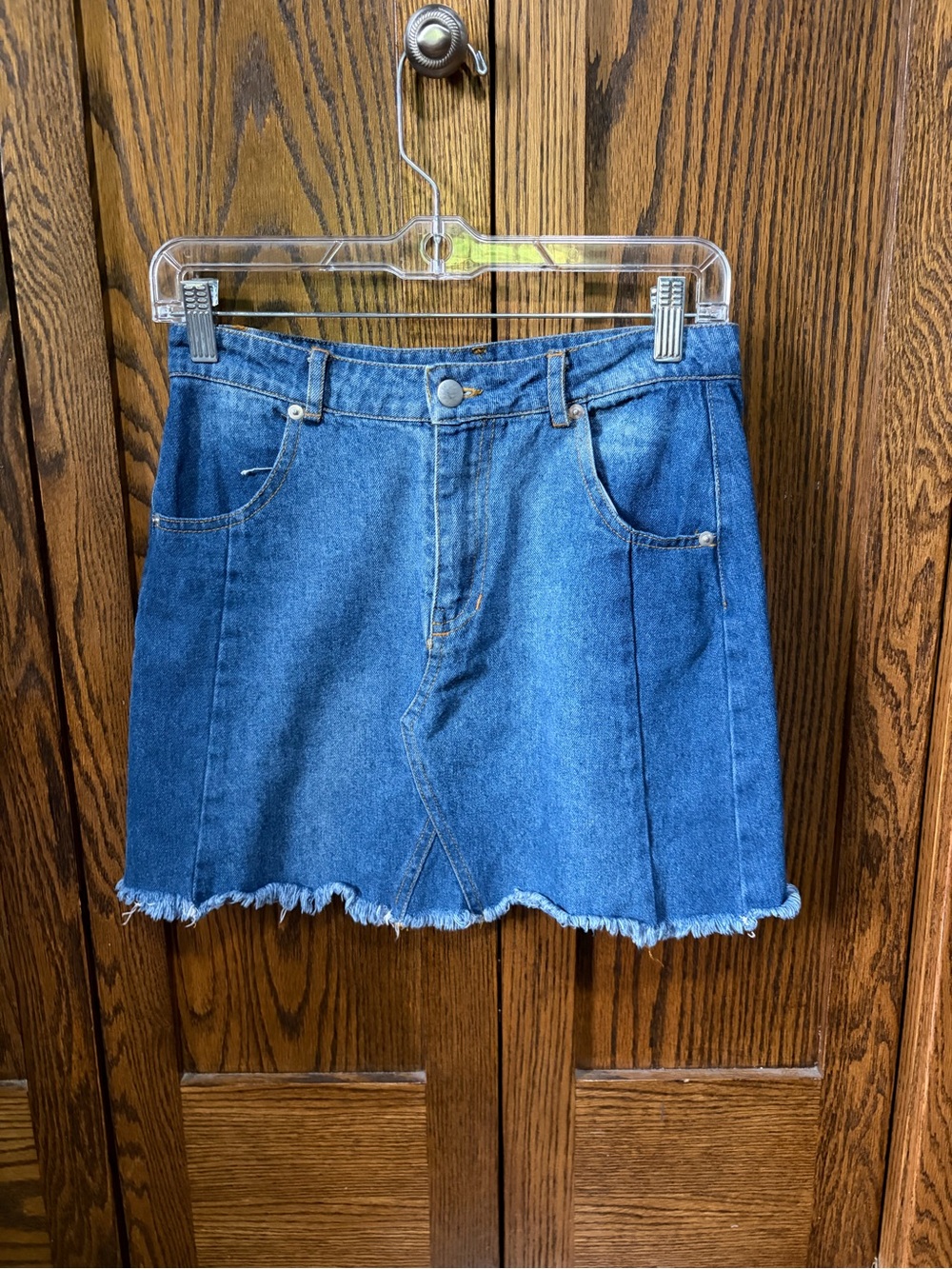 Altar'd State Blue Denim Mini Skirt with Frayed Hem